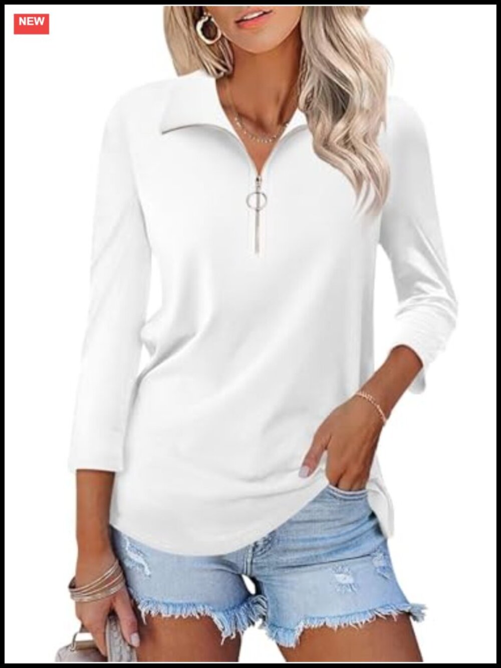 Womens 3/4 Sleeve Collared Zip Polo Shirt Cotton Blend Summer Casual Top